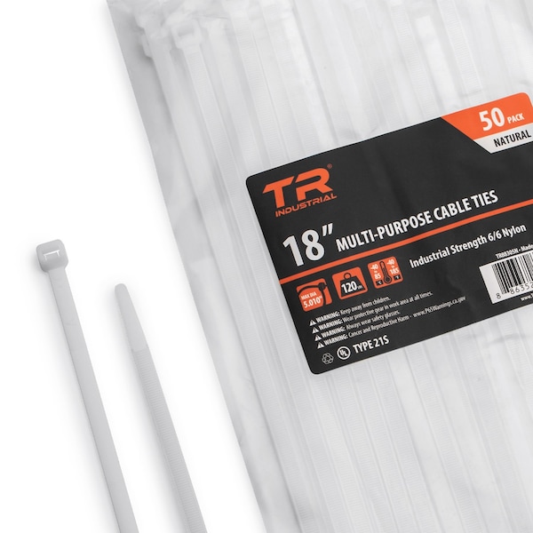 Cable Tie, 18 in L, Natural, Nylon 6/6, 120 lb Strength, 50 PK